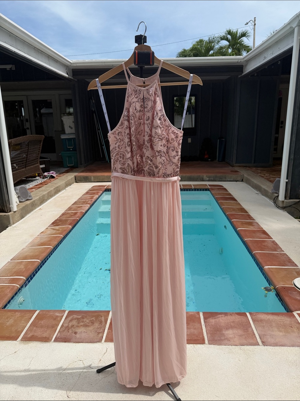 Beaded Halter Maxi Dress in Blush Pink